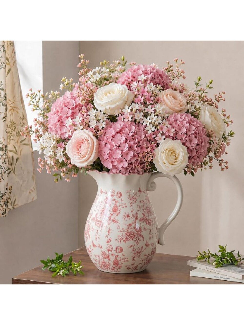 Chic Pink Floral Vase with Handle - 7.9" Retro Rustic Ceramic Decor for Home